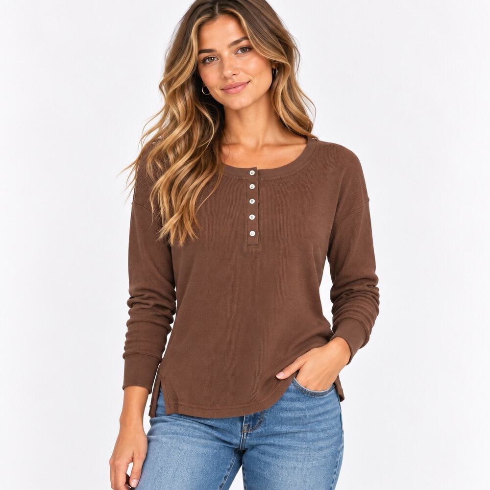 American Giant Women's Thermal Henley Soft Silt Brown Size Small NWOT